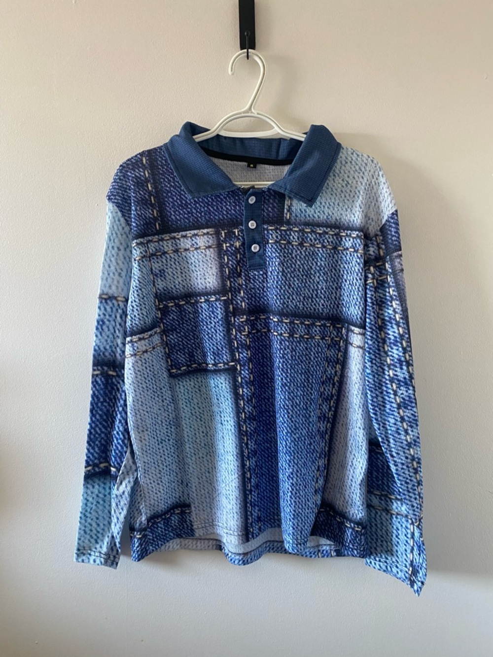 Long Sleeve Blue Patchwork Polo Shirt